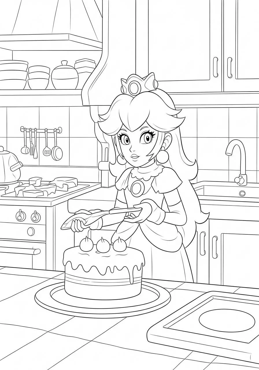 Desenho de Princesa Peach na Cozinha Decorando um Bolo para Colorir