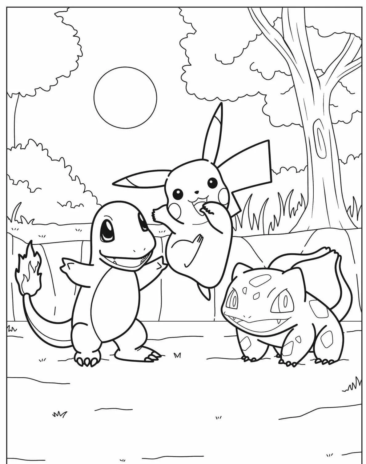 Desenho de Pokémon com o Charmander, Pikachu e Bulbasaur para Colorir