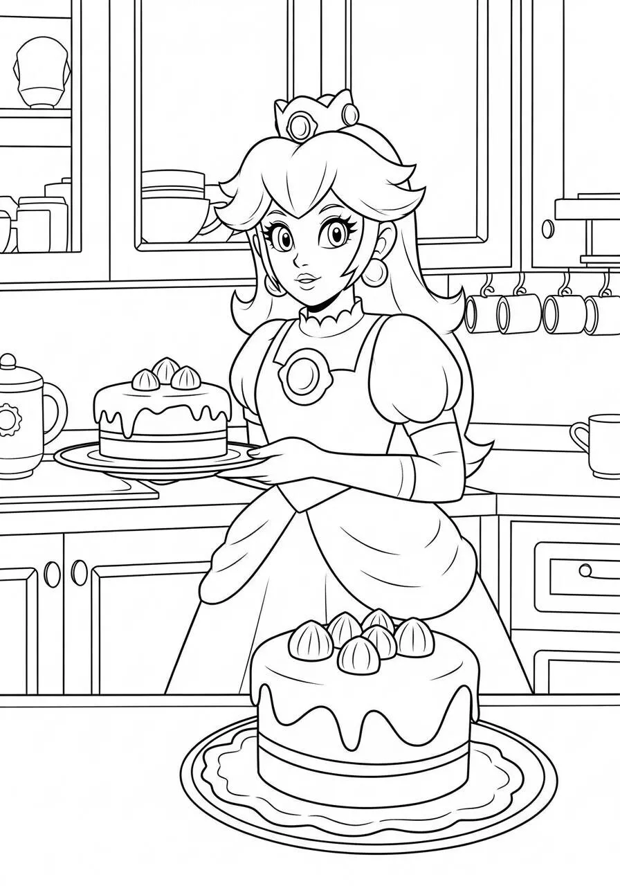 Desenho de Princesa Peach na Cozinha com Bolos para Colorir