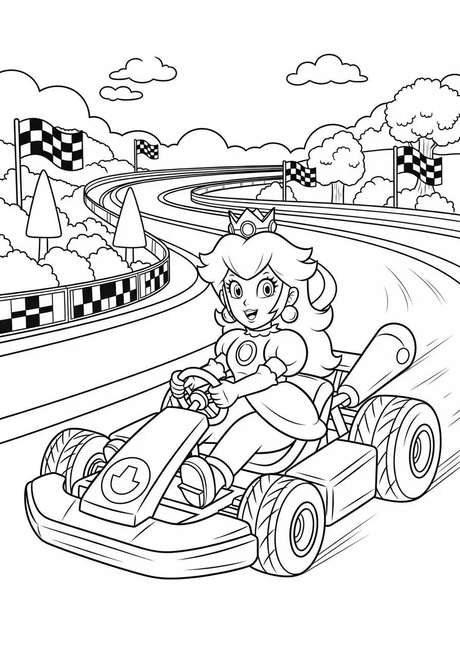 Desenho de Princesa Peach no Mario Kart para Colorir