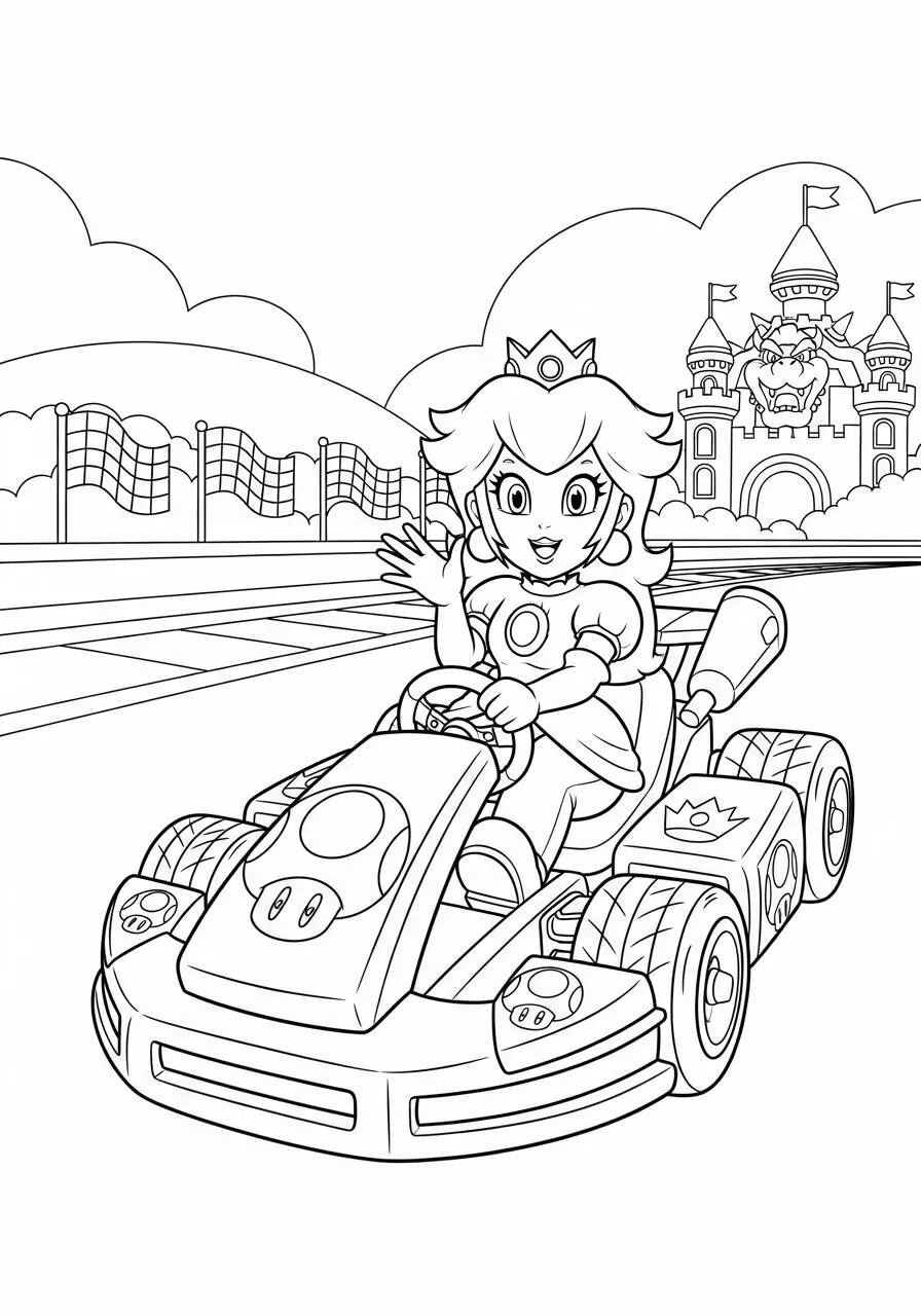 Desenho de Princesa Peach no Mario Kart para Colorir