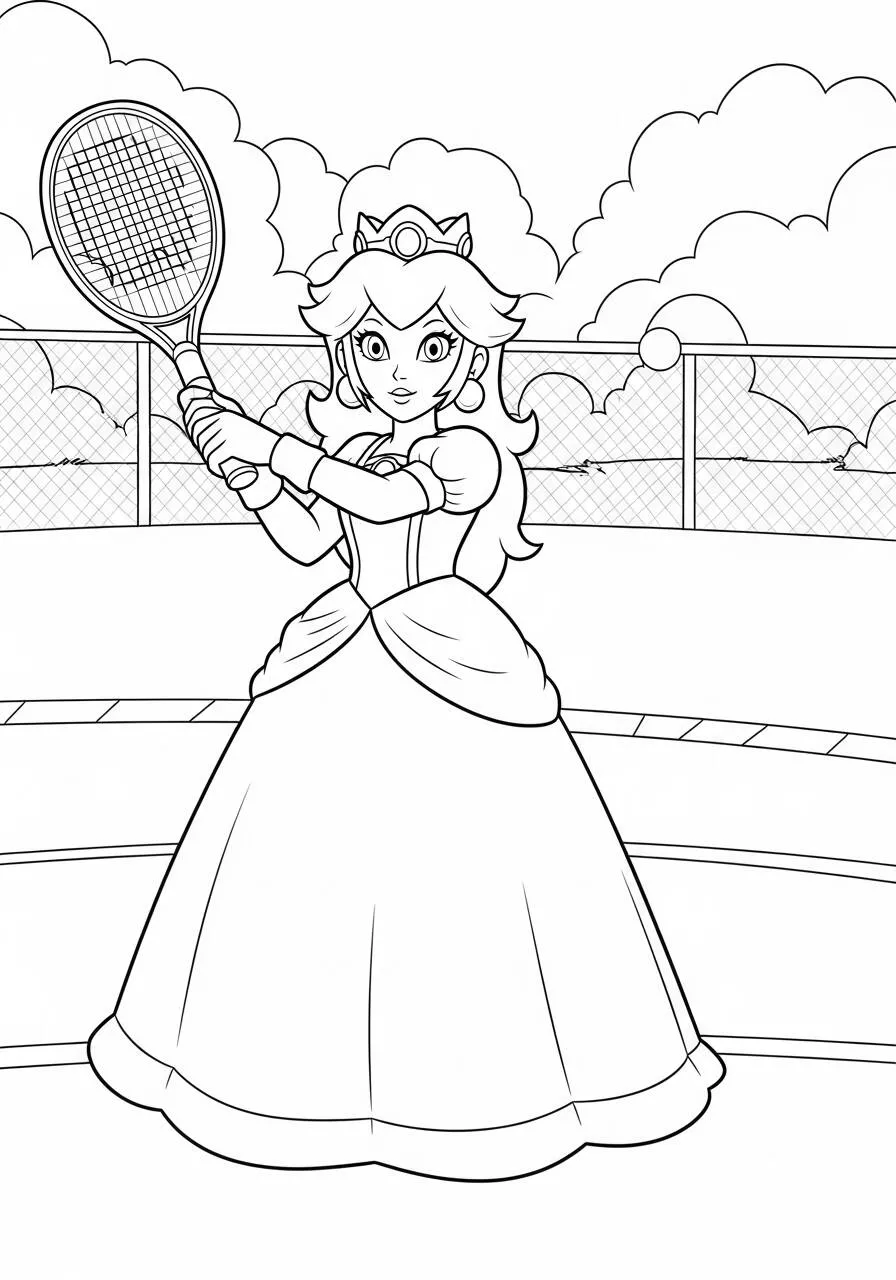 Desenho de Princesa Peach Jogando Tênis para Colorir