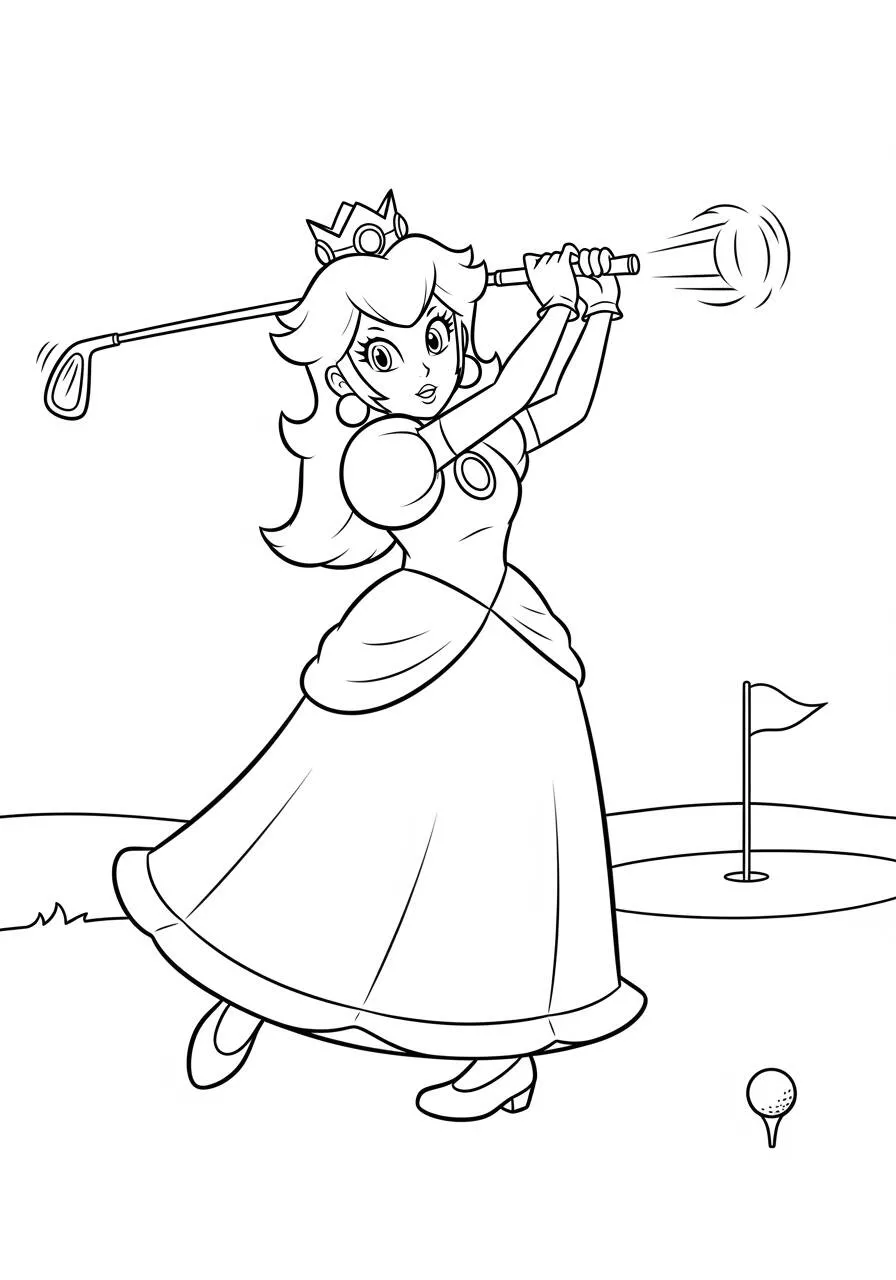 Desenho de Princesa Peach Jogando Golfe para Colorir