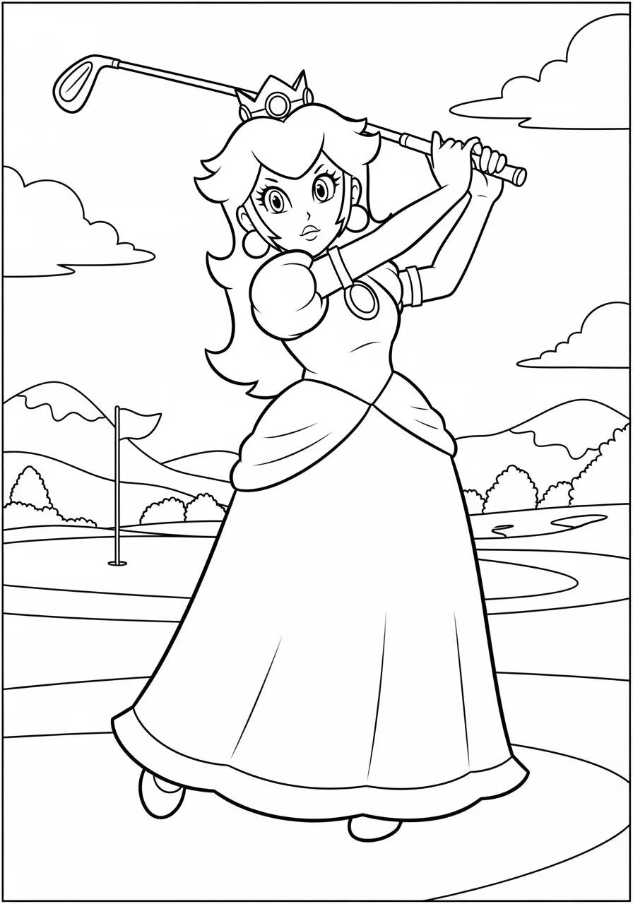 Desenho de Princesa Peach Jogando Golfe para Colorir