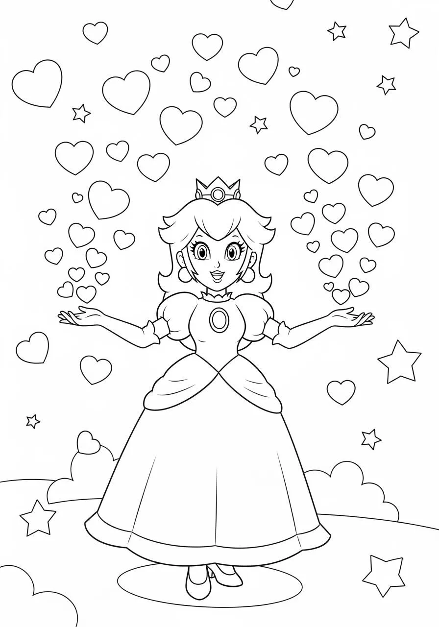 Desenho de Princesa Peach com Corações para Colorir