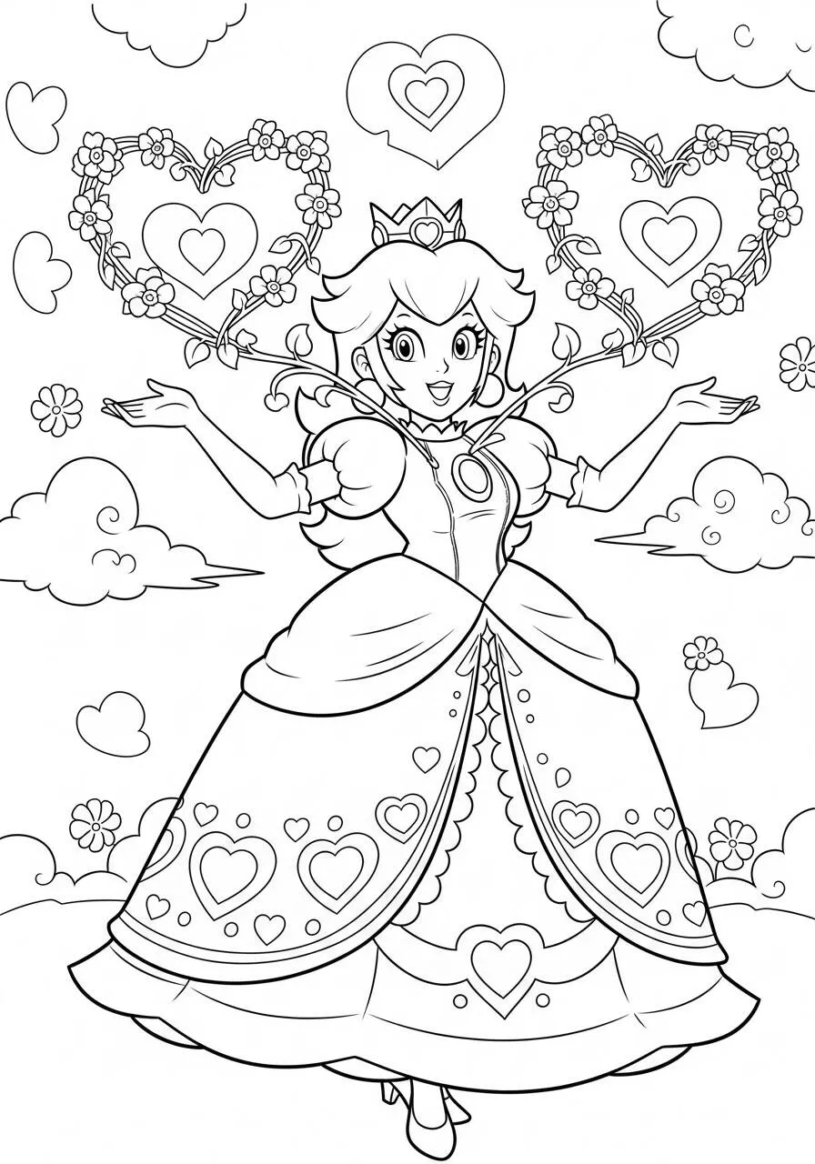 Desenho de Princesa Peach com Corações para Colorir