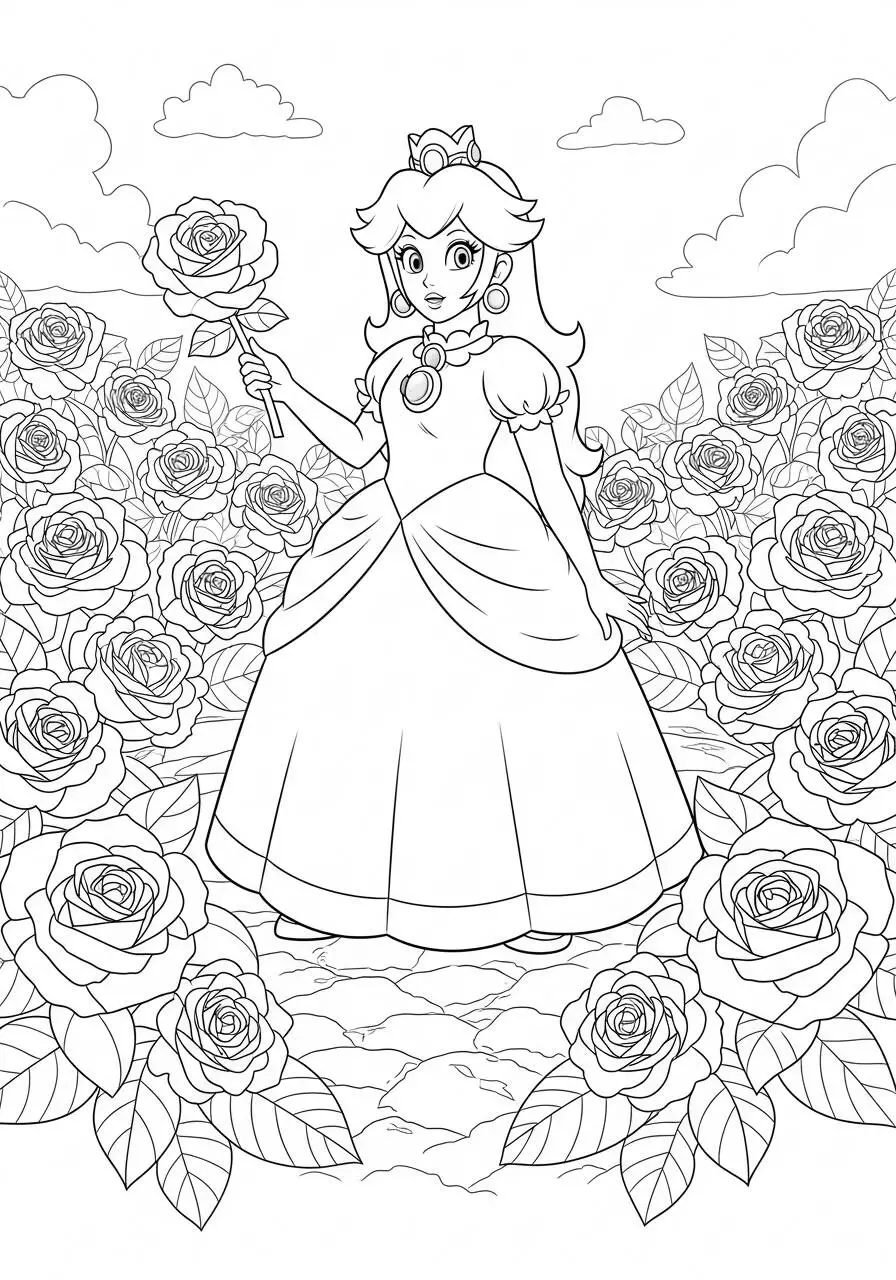 Desenho de Princesa Peach com Rosa no Jardim para Colorir