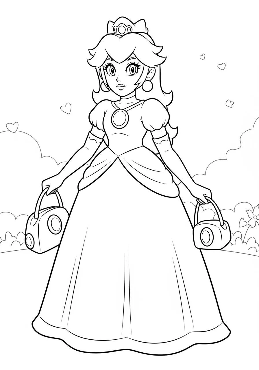 Desenho de Princesa Peach com Sacolas para Colorir