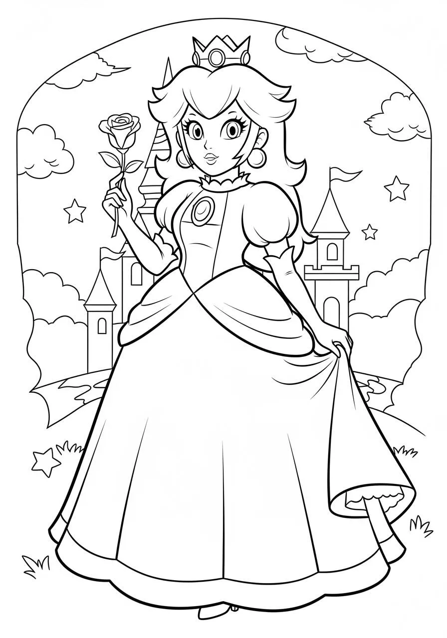 Desenho de Princesa Peach com Rosa e Castelo para Colorir