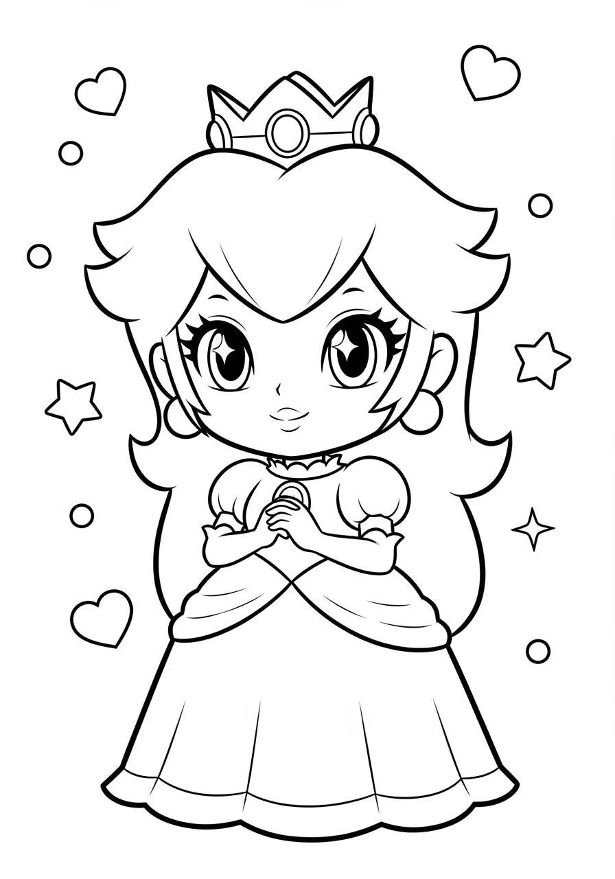 Desenho de Princesa Peach com Coração e Estrelas para Colorir