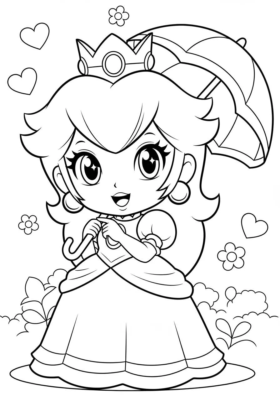 Desenho de Princesa Peach com Guarda chuva para Colorir