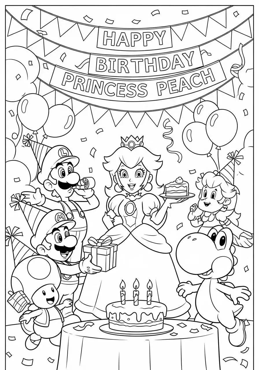 Desenho de Princesa Peach em Festa de Aniversário para Colorir