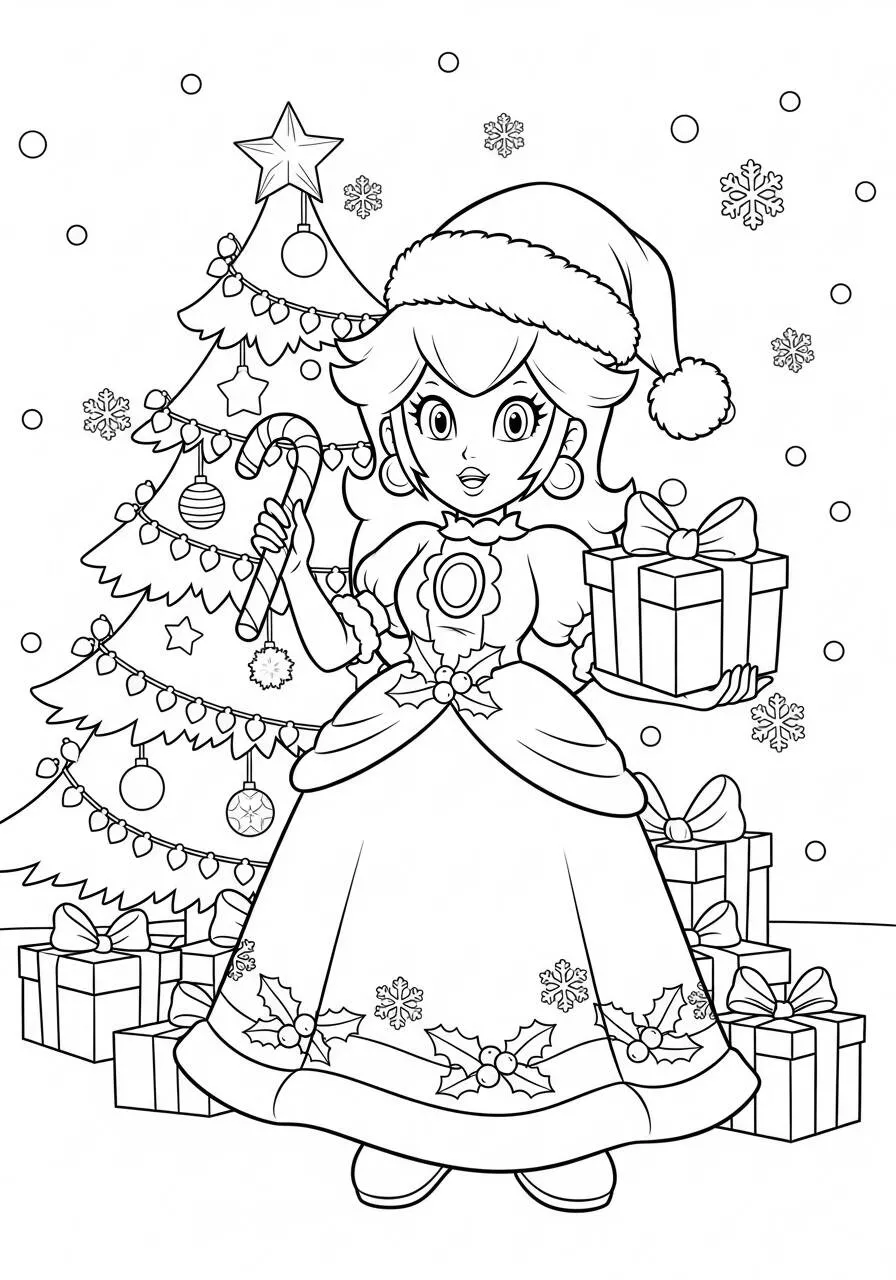 Desenho de Princesa Peach no Natal com Gorro e Presentes para Colorir