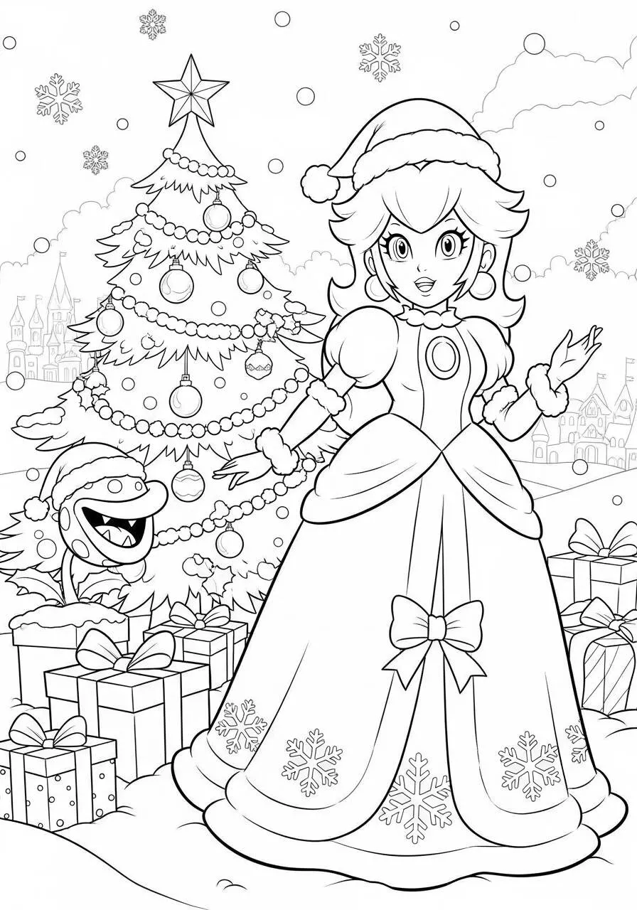Desenho de Princesa Peach de Natal com Gorro e Árvore para Colorir