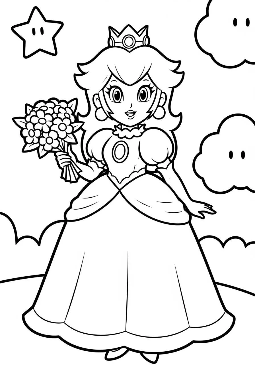Desenho de Princesa Peach com Buquê de Flores para Colorir
