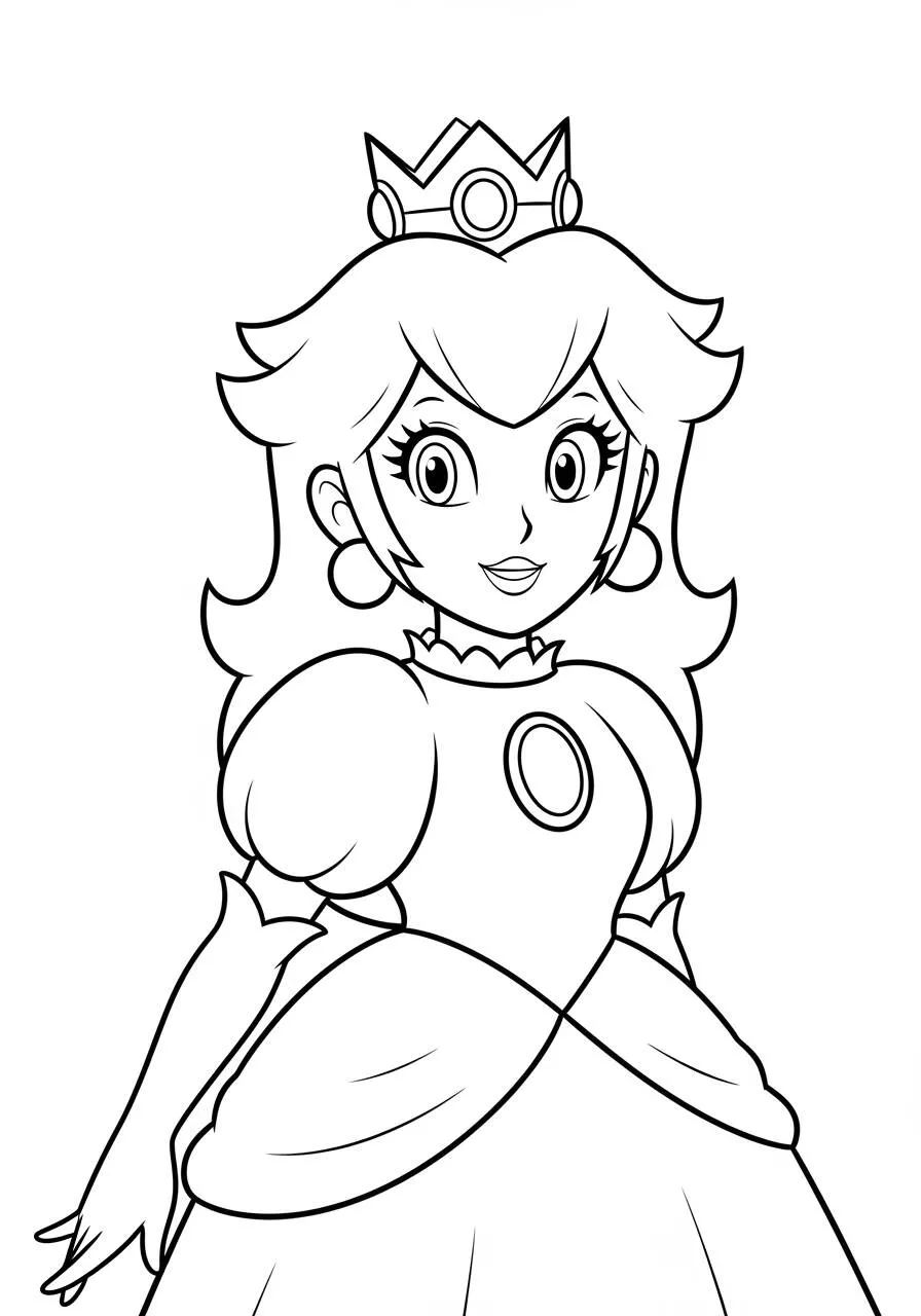 Desenho de Princesa Peach com Vestido e Coroa para Colorir