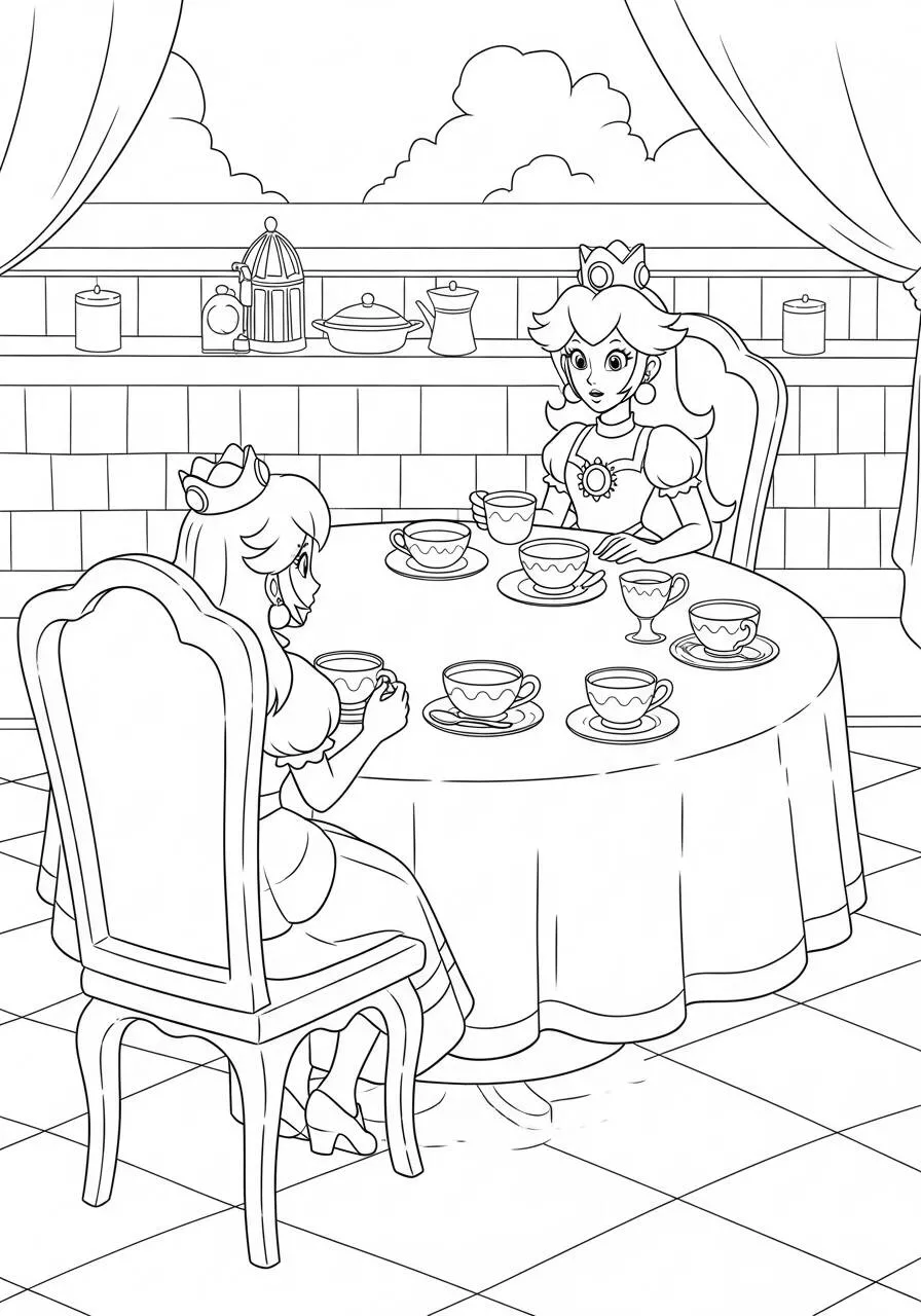Desenho de Princesa Peach em Chá da Tarde para Colorir