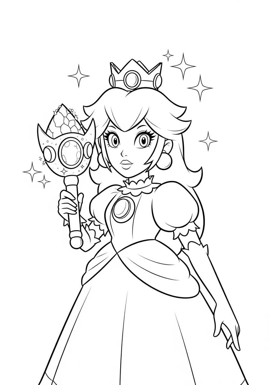 Página para colorear de la princesa Peach con varita mágica