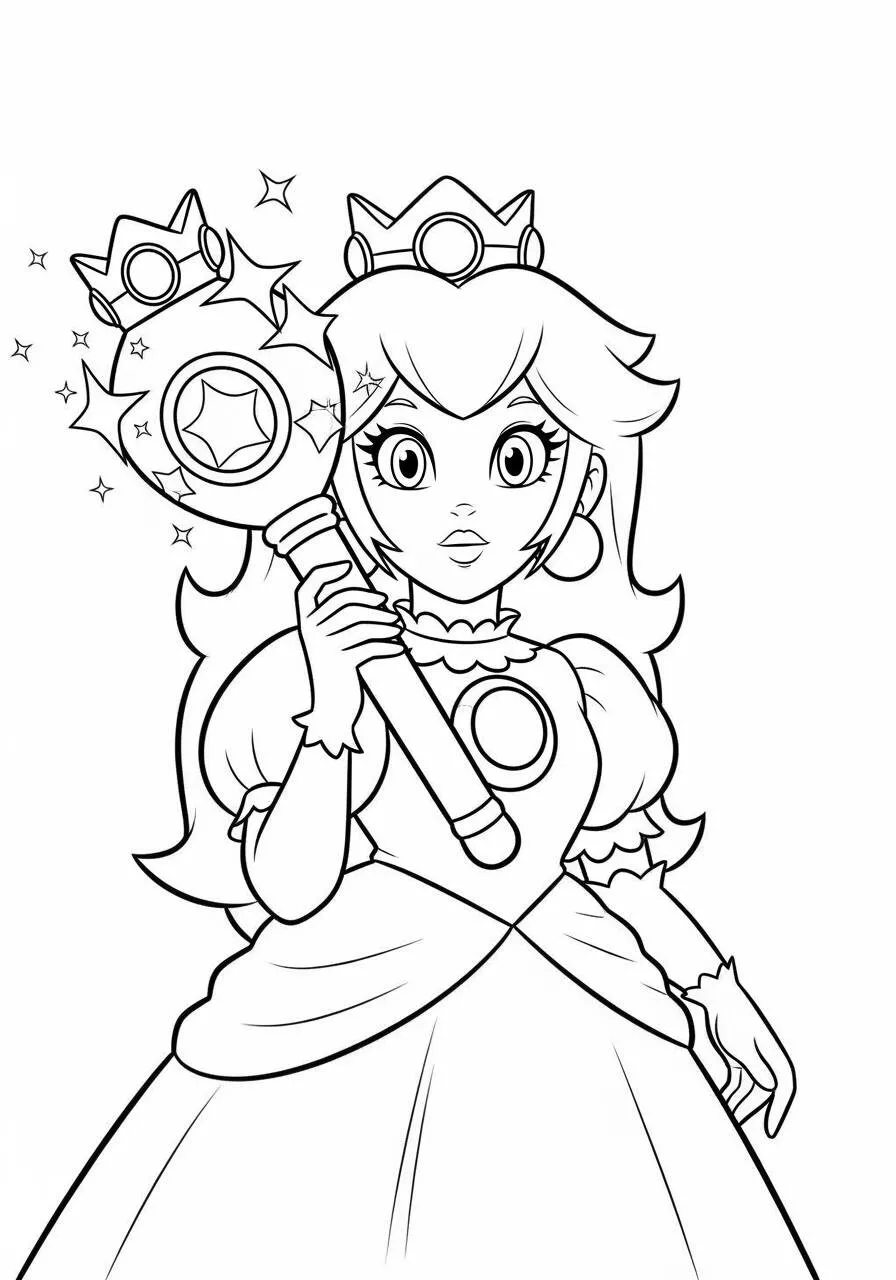 Desenho de Princesa Peach a Segurar uma Varinha Mágica para Colorir