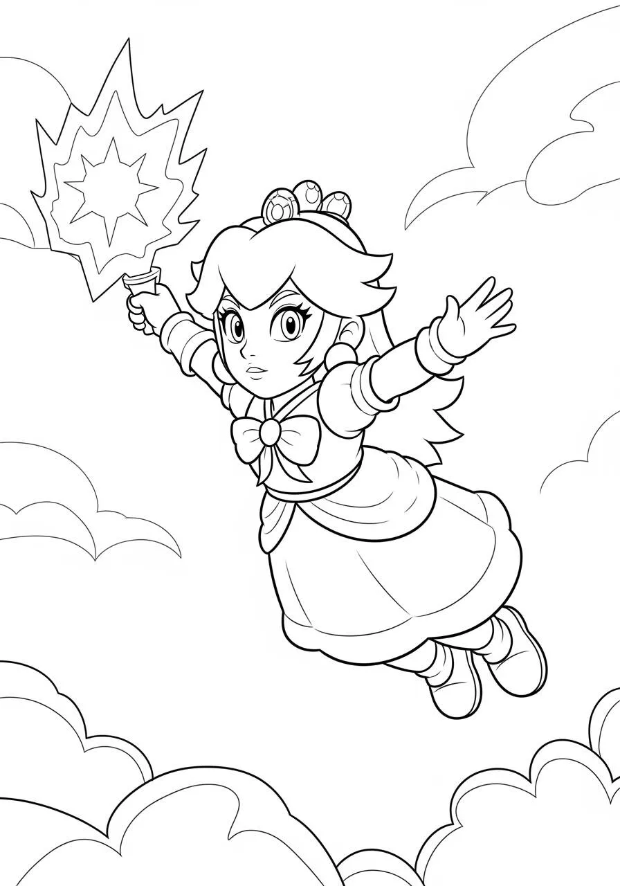 Desenho de Princesa Peach Voando com Varinha para Colorir