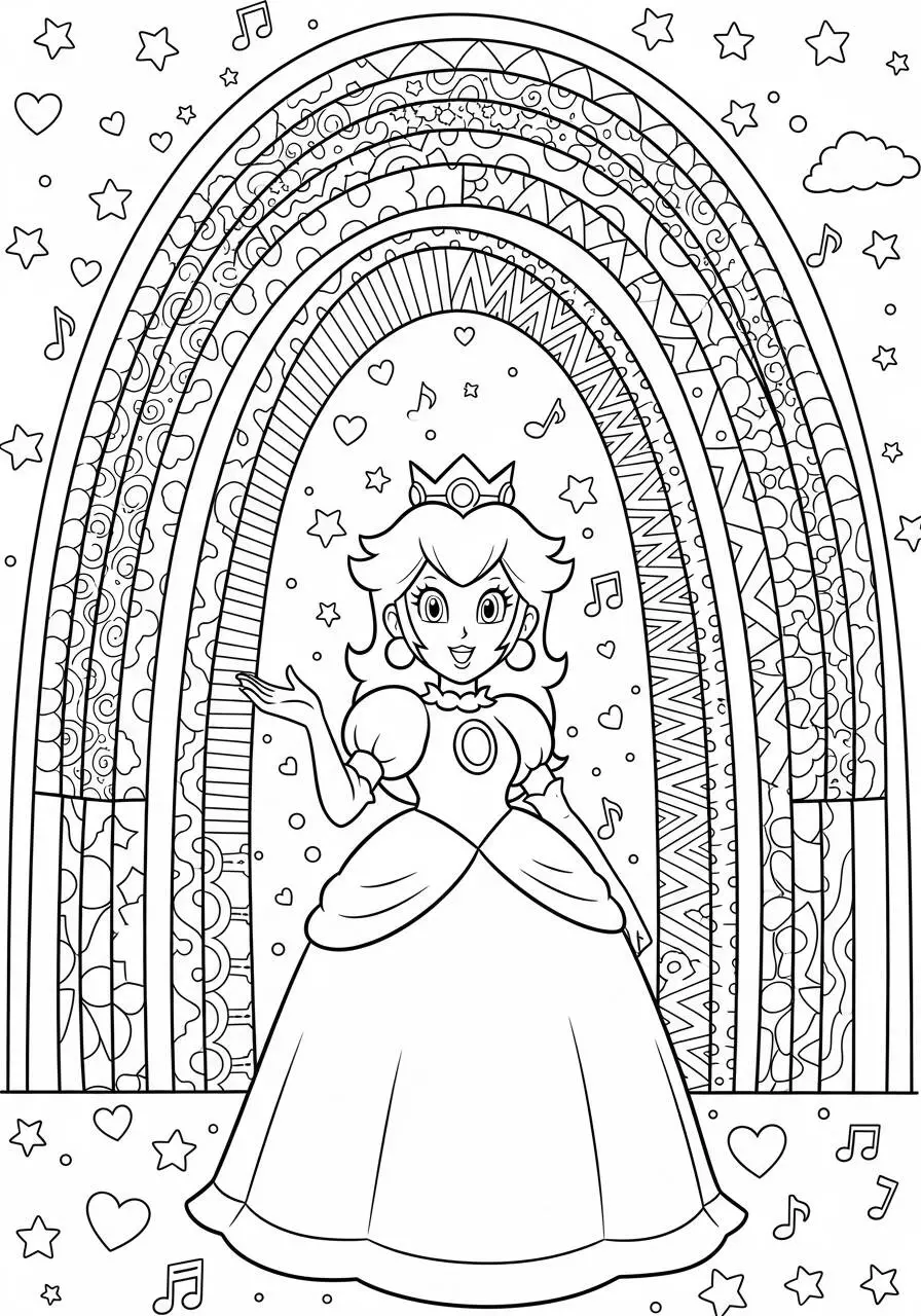 Desenho de Princesa Peach com Arco Íris para Colorir