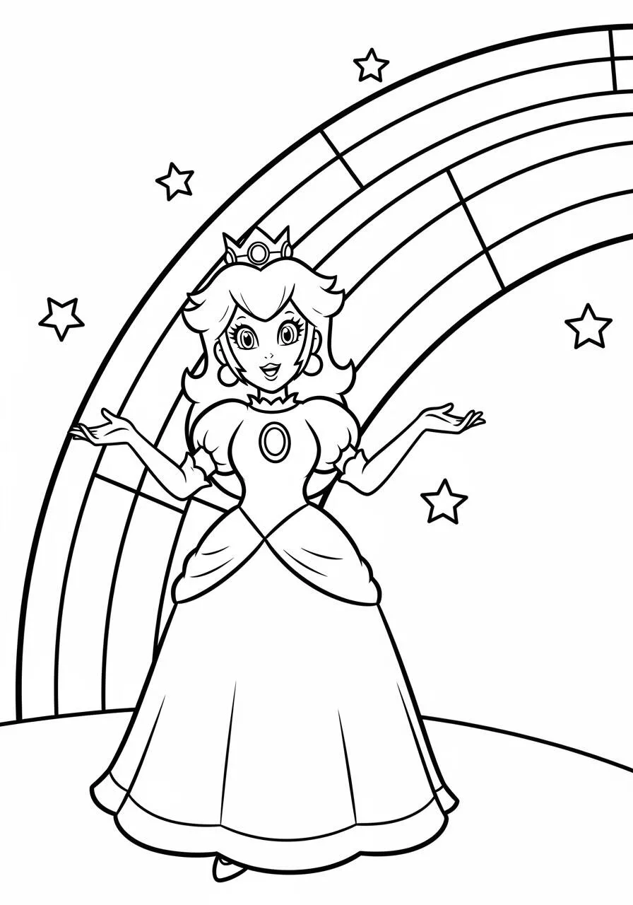 Desenho de Princesa Peach com Arco Íris para Colorir