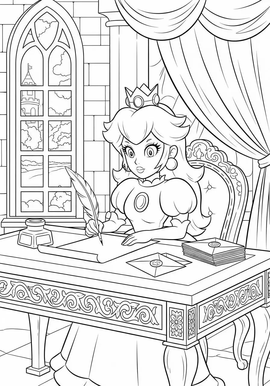 Dibujo para colorear de la princesa durazno escribiendo en el castillo