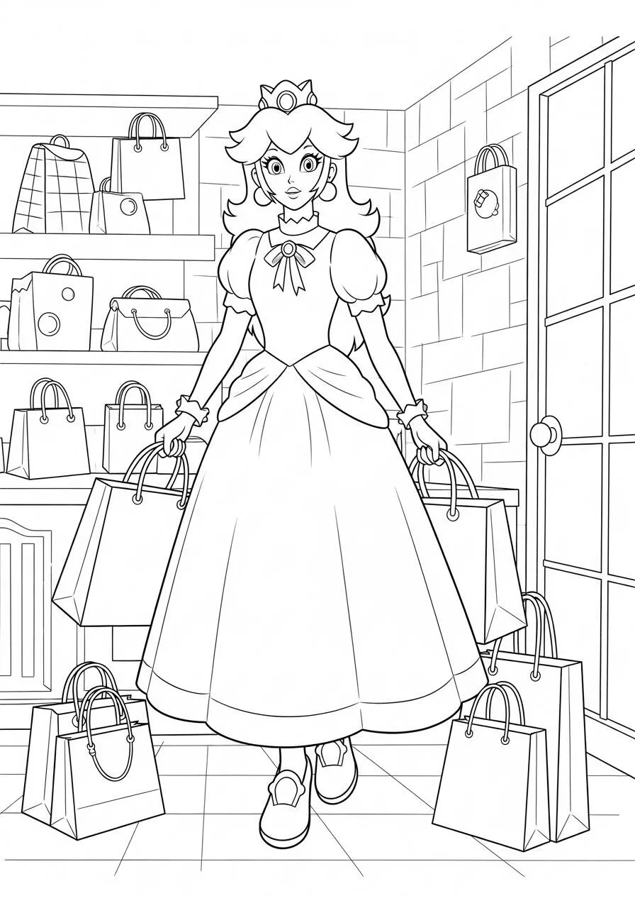 Desenho de Princesa Peach Fazendo Compras para Colorir