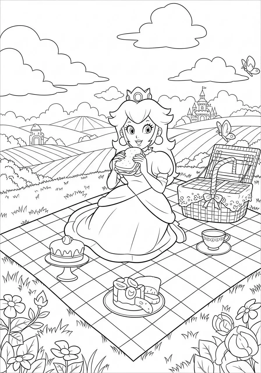 Desenho de Princesa Peach fazendo Piquenique para Colorir