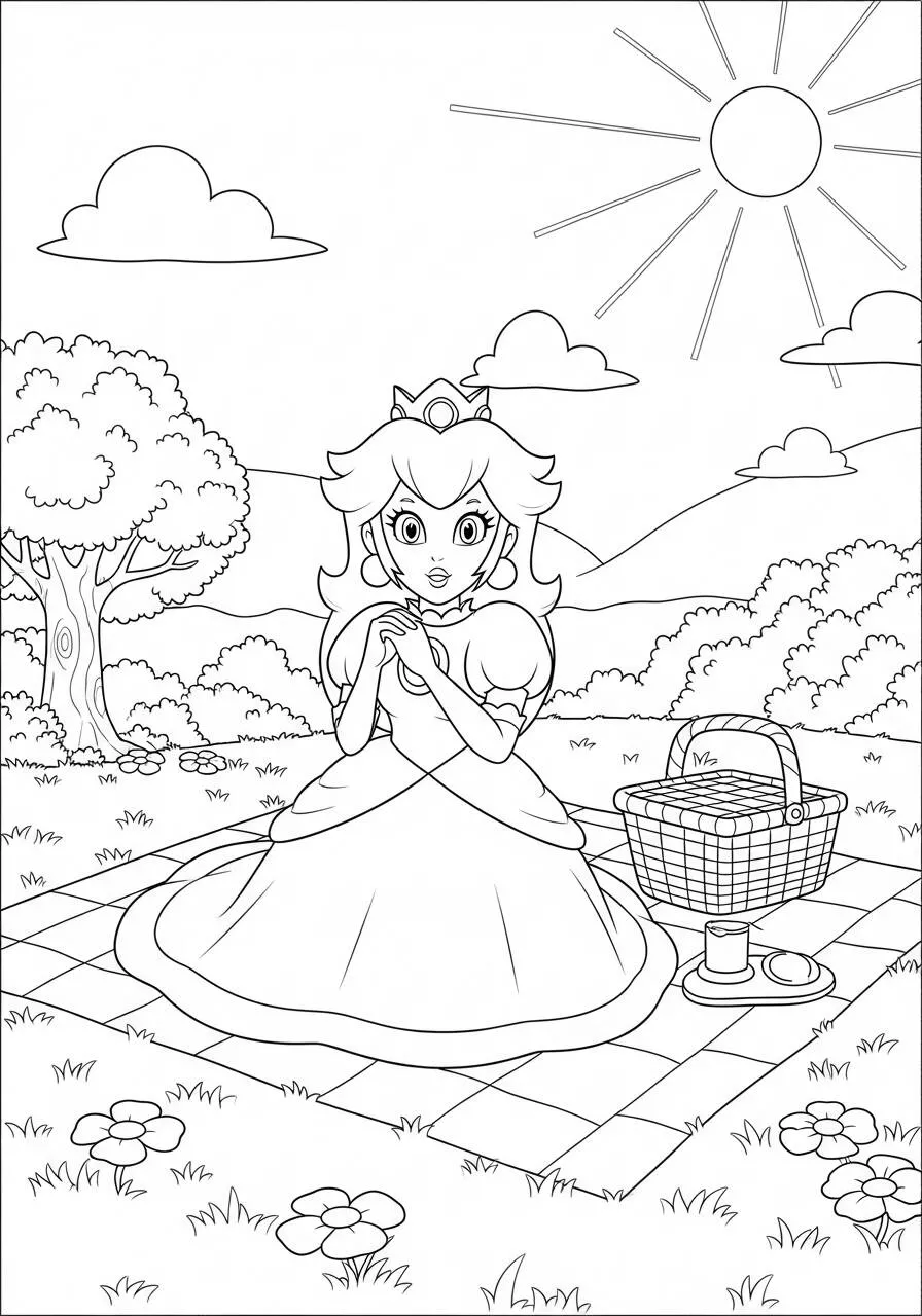 Desenho de Princesa Peach no Jardim com Cesta para Colorir
