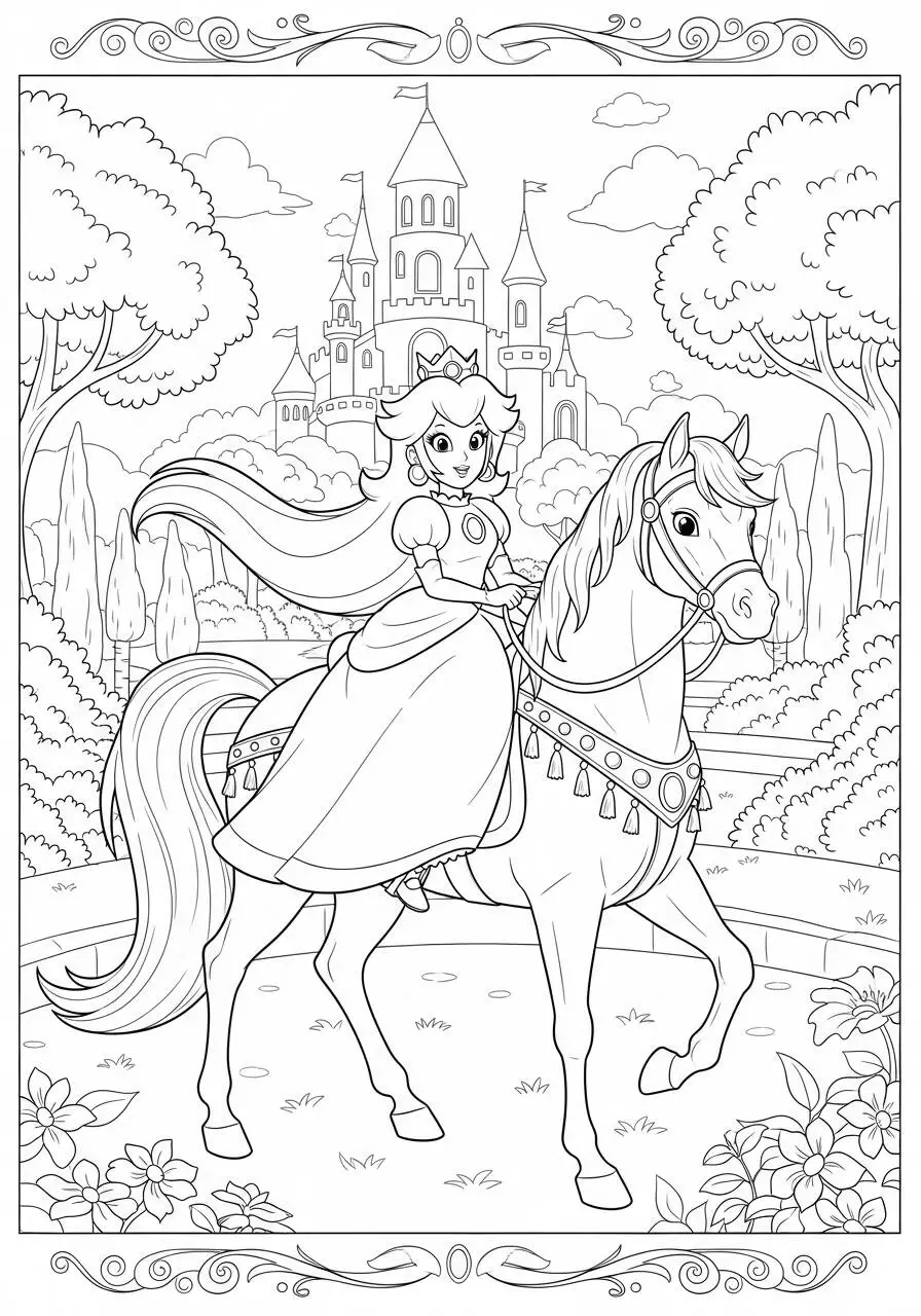 Desenho de Princesa Peach a Cavalo com Castelo ao Fundo para Colorir