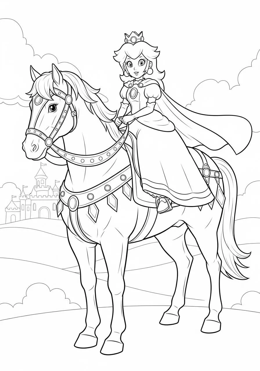 Desenho de Princesa Peach a Cavalo para Colorir