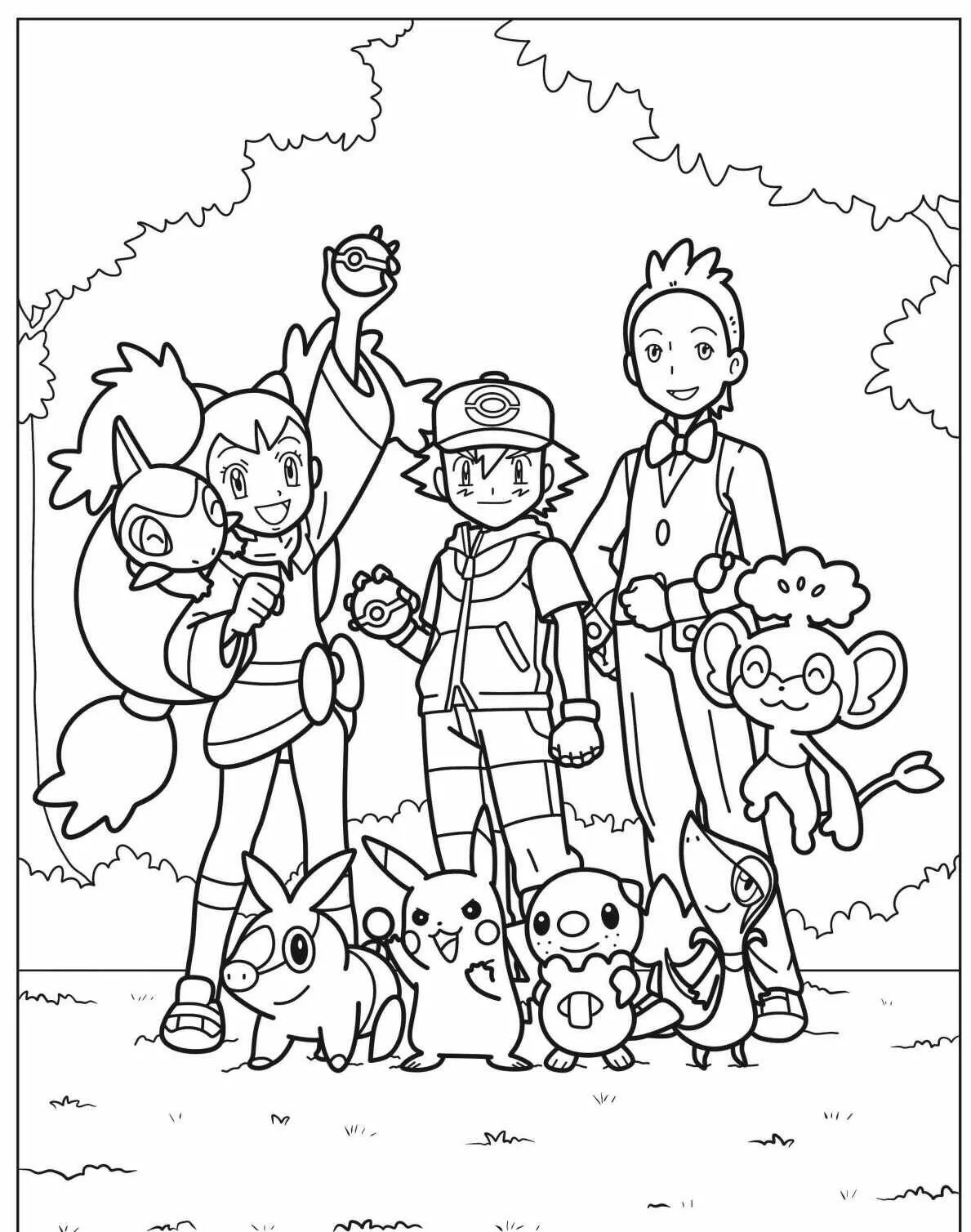 Desenho de Pokémon com Ash e seus amigos para Colorir