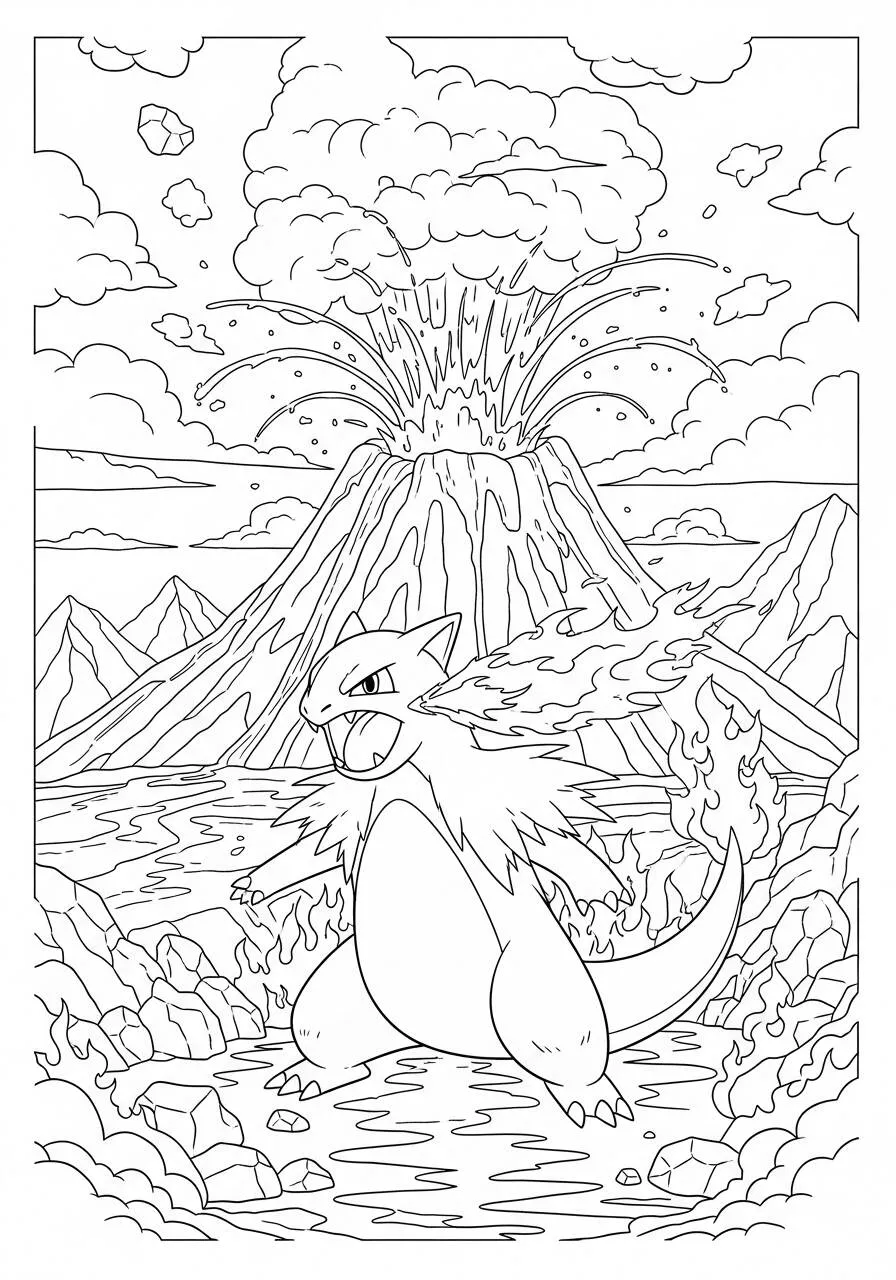 Desenho de Pokémon com o Charizard em erupção para Colorir