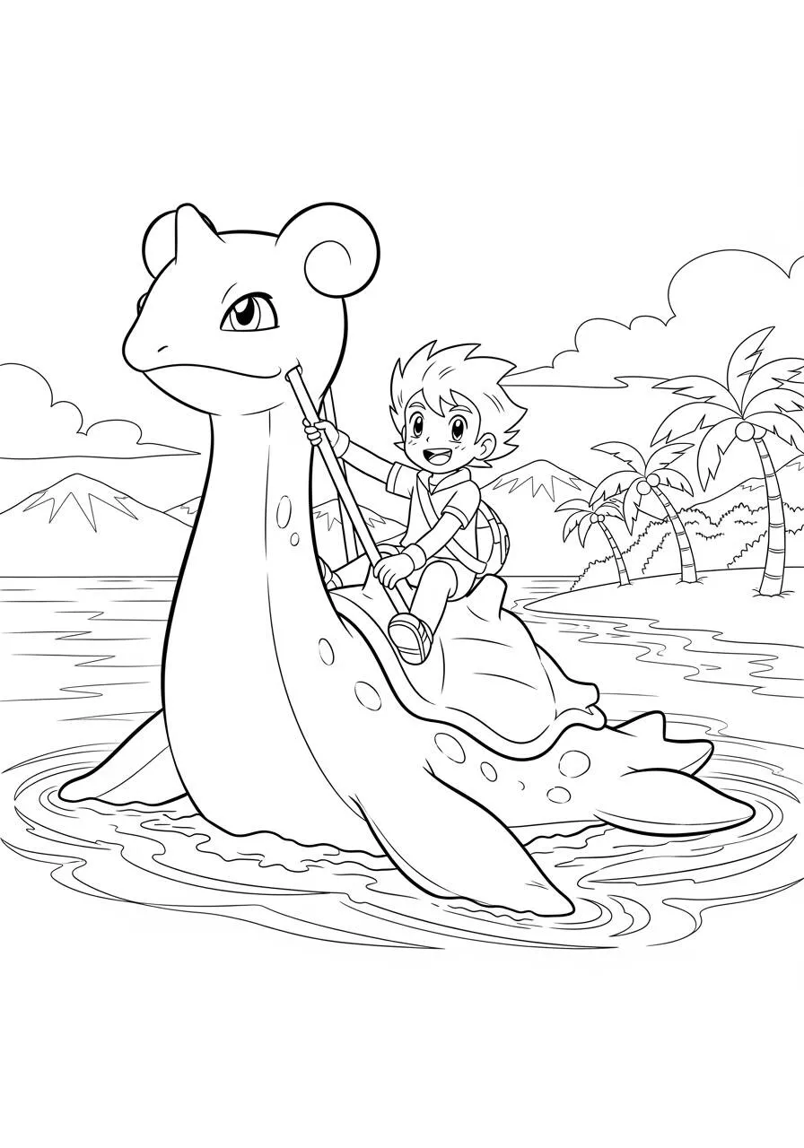 Desenho de Pokémon com o Lapras e o Ash para Colorir
