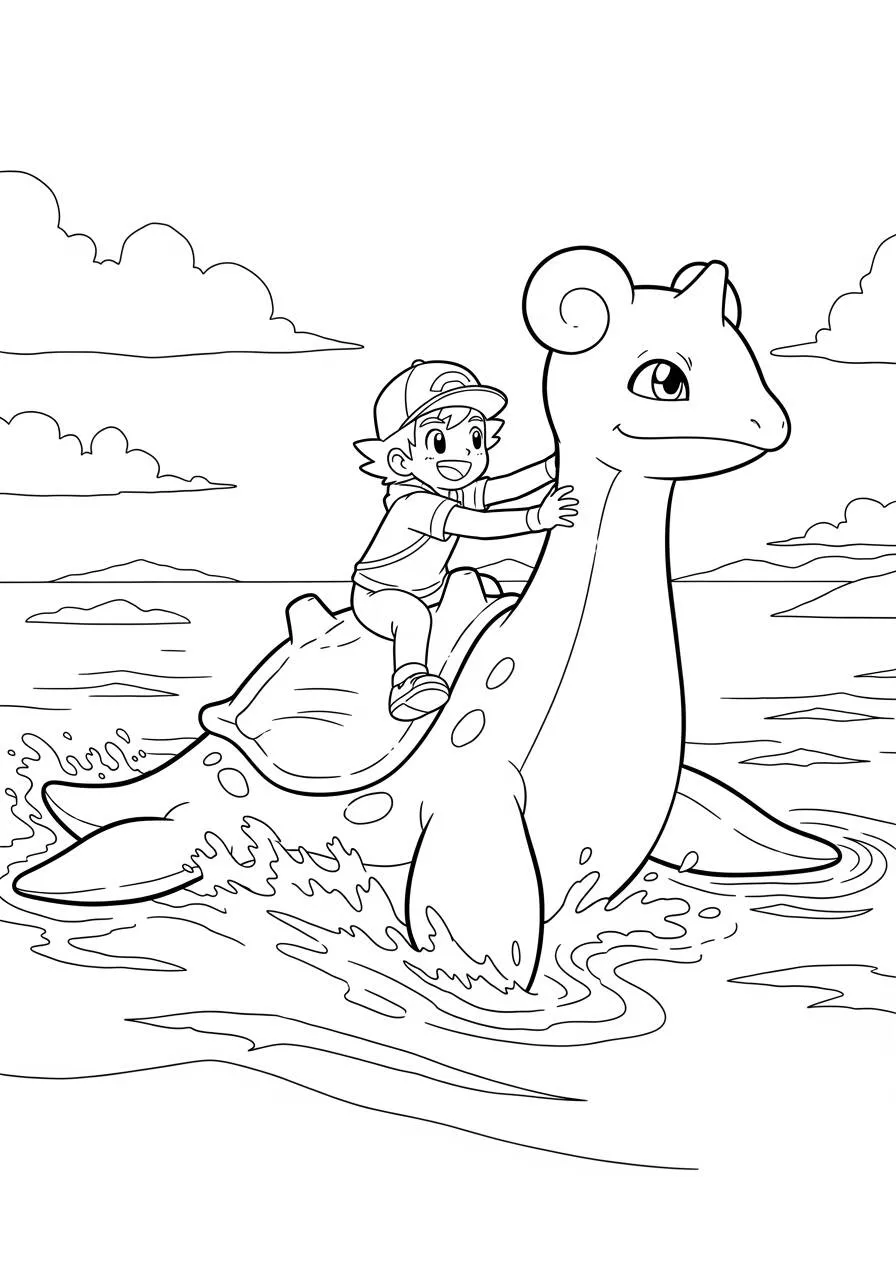 Desenho de Pokémon com o Lapras e Ash para Colorir