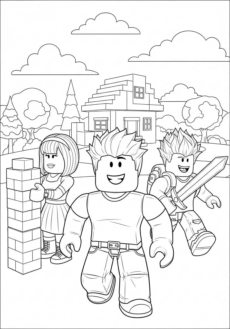 Desenho de Roblox Amigos Construindo com Blocos para Colorir