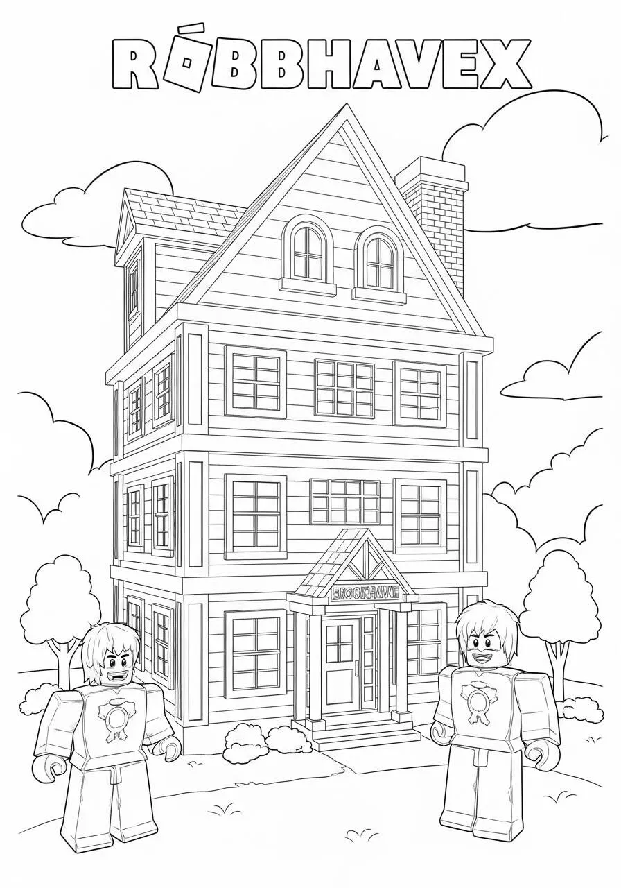 Desenho de Roblox Casa com Personagens para Colorir