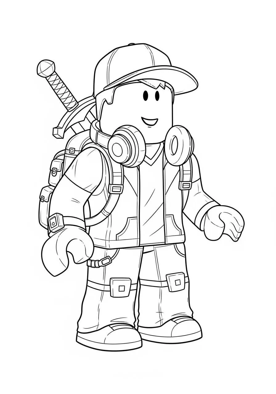 Desenho de Roblox Menino com Mochila e Fones de Ouvido para Colorir