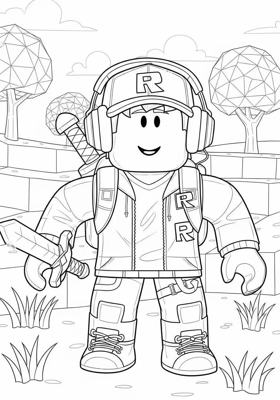 Desenho de Roblox Menino com Fones e Espada para Colorir