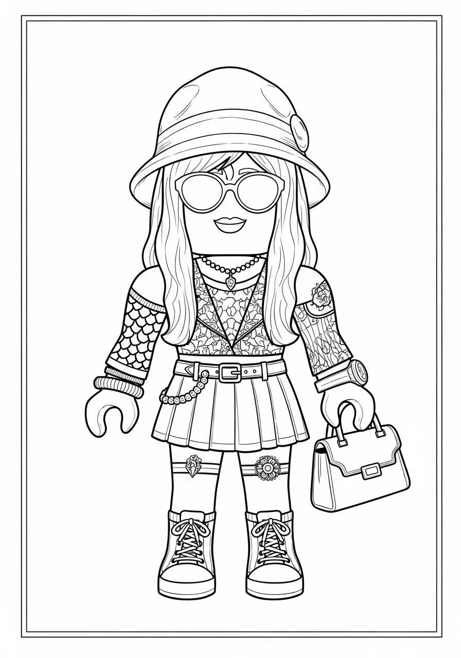 Desenho de Roblox Menina Fashion com Óculos e Bolsa para Colorir