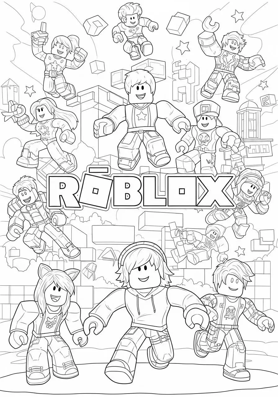 Desenho de Personagens de Roblox em Ação para Colorir