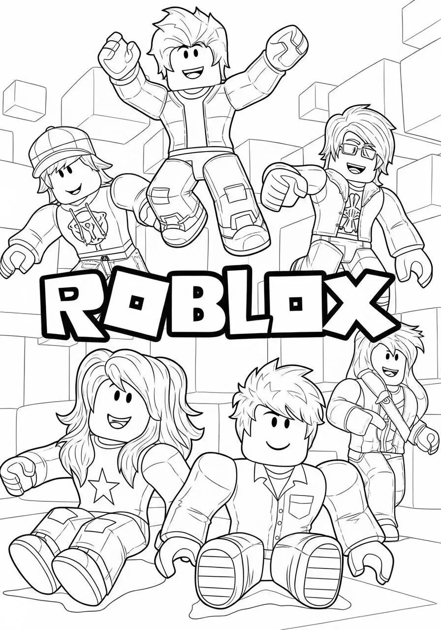 Desenho de Roblox Grupo de Amigos a Saltar para Colorir