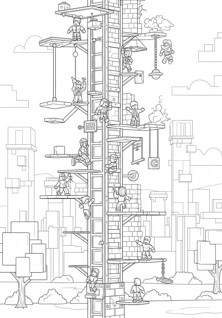 Desenho de Roblox Personagens Construindo uma Torre para Colorir
