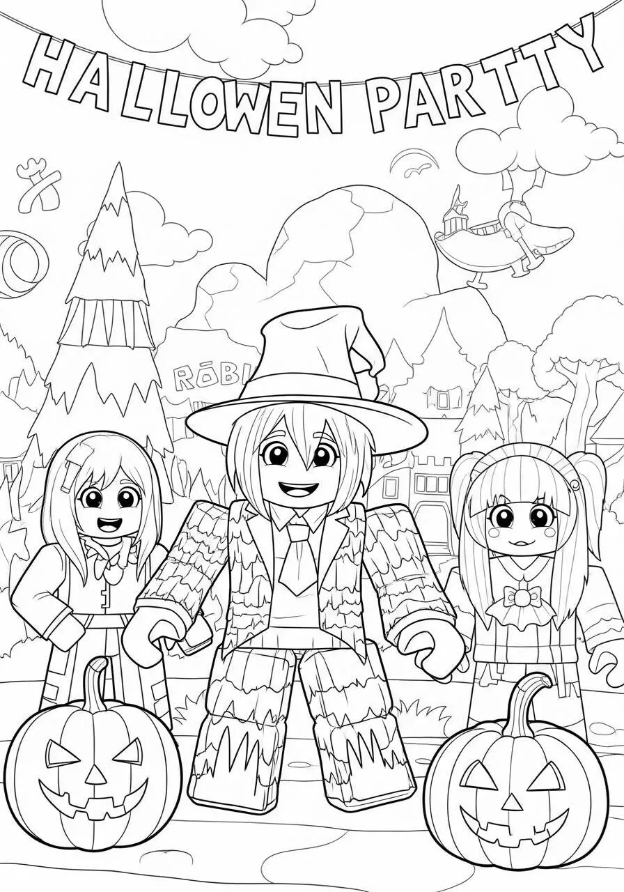 Desenho de Roblox Festa de Halloween com Personagens para Colorir