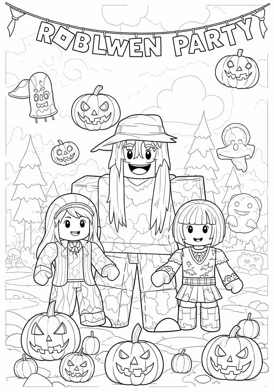 Desenho de Roblox Festa de Halloween com Personagens para Colorir