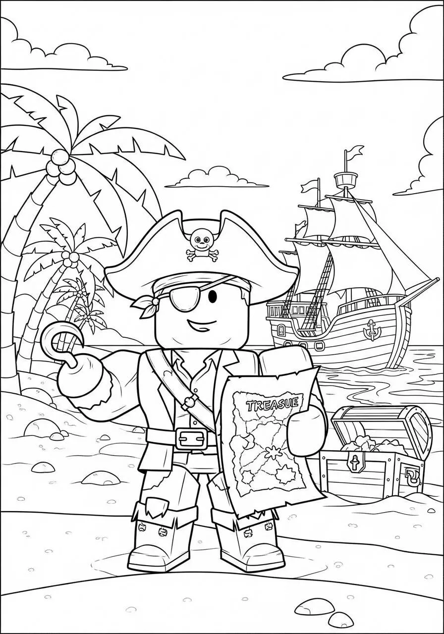 Desenho de Roblox Pirata com Mapa do Tesouro para Colorir