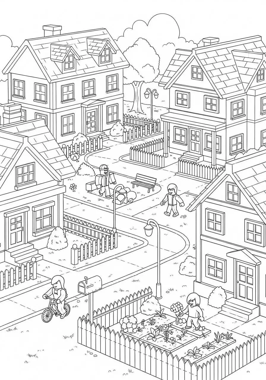 Desenho de Roblox Cidade com Casinhas para Colorir