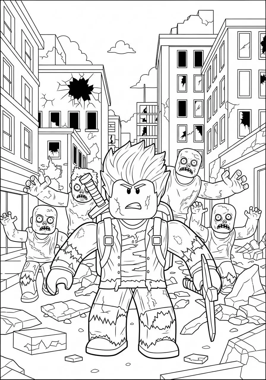 Desenho de Roblox Personagem em Ação em Cidade Destruída para Colorir