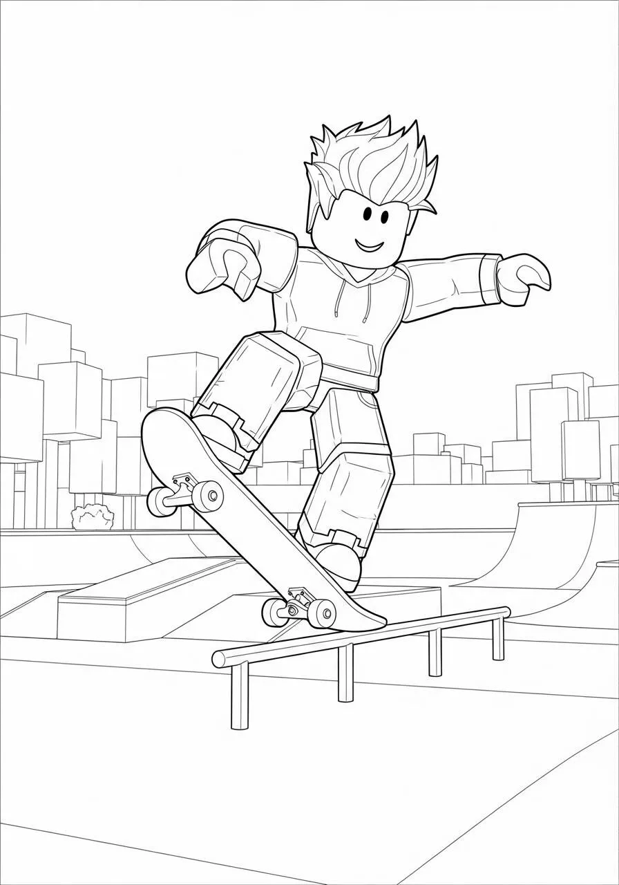 Desenho de Roblox Menino Skatista Fazendo Manobra para Colorir